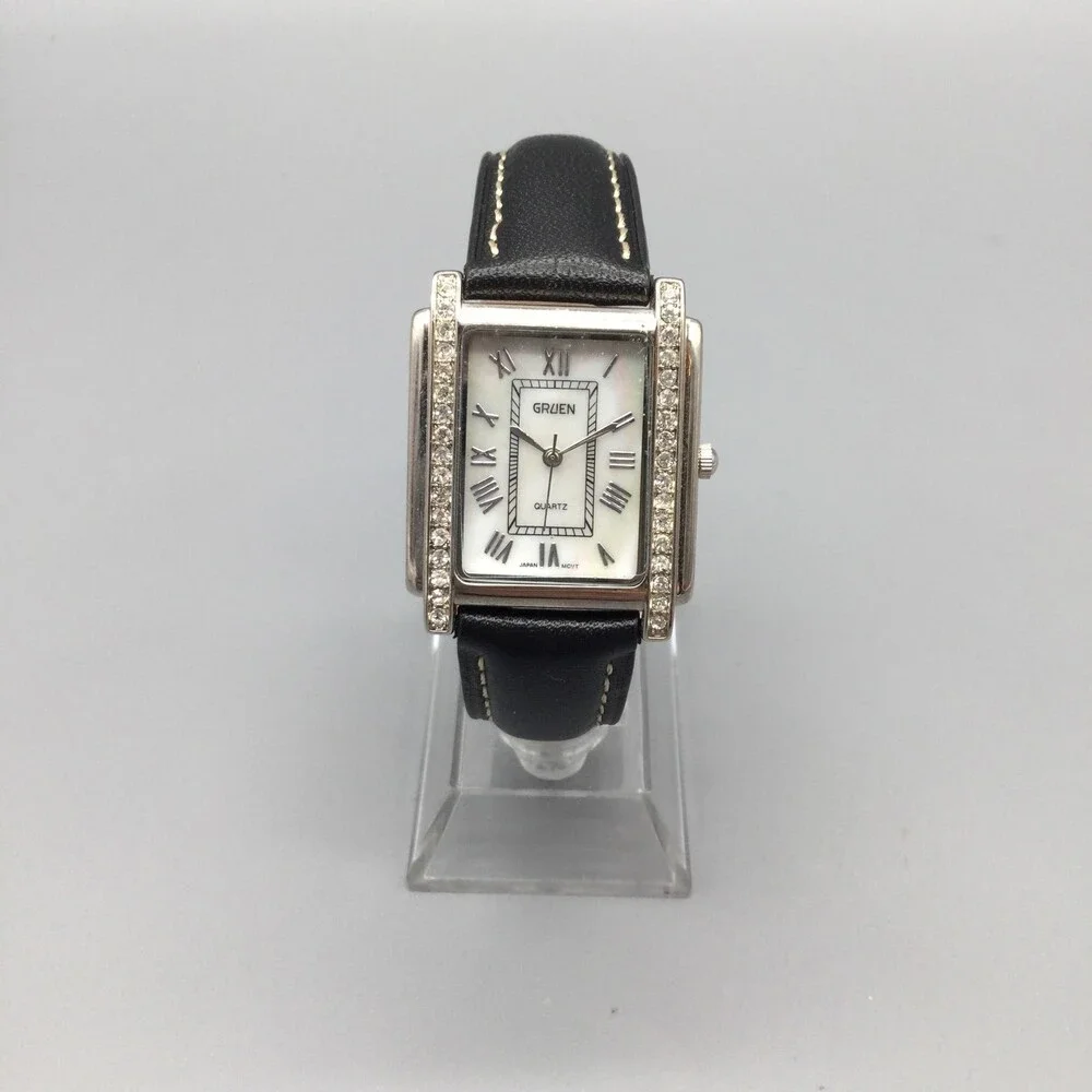 Gruen Womens Watch 28mm White Dial Crystal Bezel Black Leather New Battery